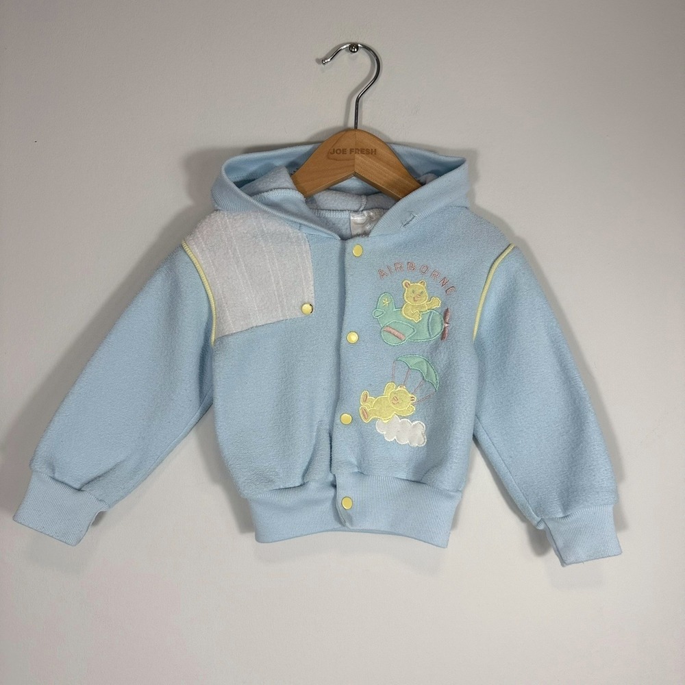 Vintage Calki Baby Blue Airborne Teddy Bear Snap Front‎ Hoodie Jacket 6-9 Months